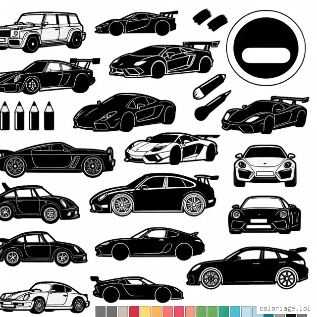 Voici une page blanche remplie de différentes voitures par marque à colorier en utilisant une variété de couleurs. Quelle couleurs choisiriez-vous pour la Ferrari, la Bugatti, la Lamborghini, la Mercedes, la BMW, la Renault, la Peugeot, la Citroën etc?