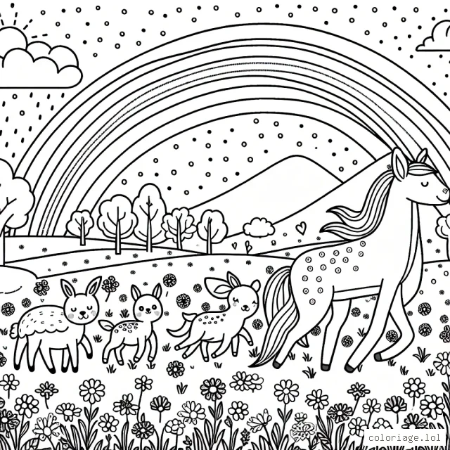 Dessine une famille d'animaux traversant un arc-en-ciel magique au milieu d'un grand champ de fleurs