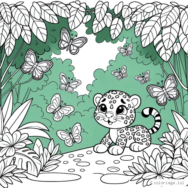 Dans un paysage de jungle luxuriante, un petit léopard espiègle joue avec des papillons multicolores. Dessine ce moment joyeux entre l'animal et ces insectes délicats.