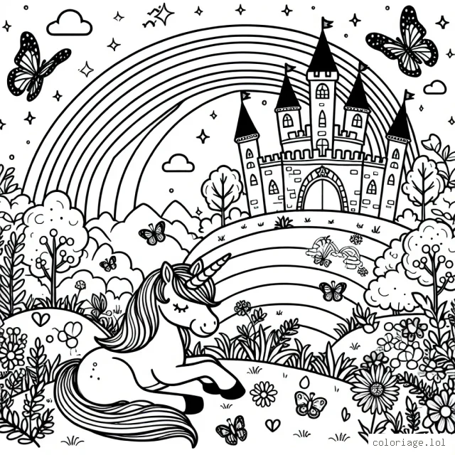 Un beau château enchanté sur une colline verdoyante avec une licorne allongée à côté, des papillons volent autour et un arc-en-ciel apparaît dans le ciel après une légère pluie d'été.