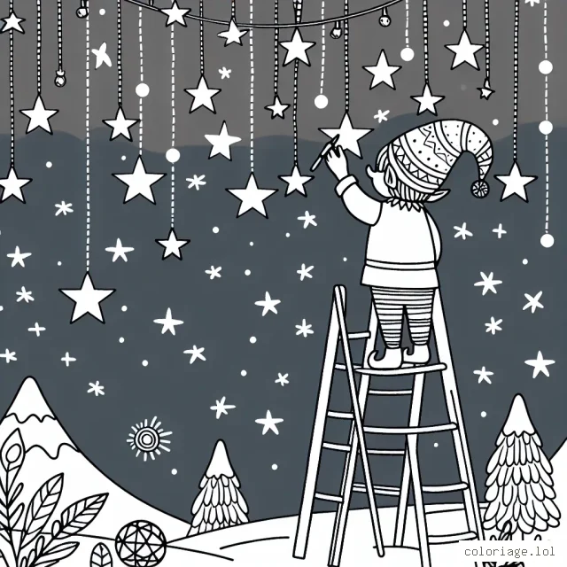 Un lutin facétieux escalade une échelle pour accrocher des étoiles dans le ciel nocturne.