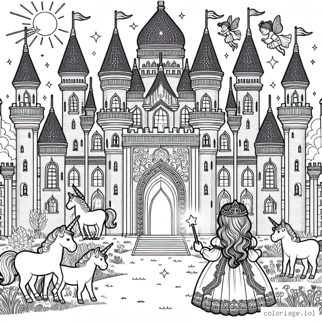 Un magnifique château royal éclairée par un soleil couchant, entouré de licornes et de fées, avec une petite princesse debout devant l'entrée principale, tenant une baguette magique.