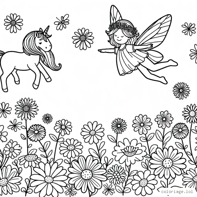 Dessine une jolie fée qui vole à travers un champ de fleurs multicolores, une licorne l'accompagnant sur son chemin