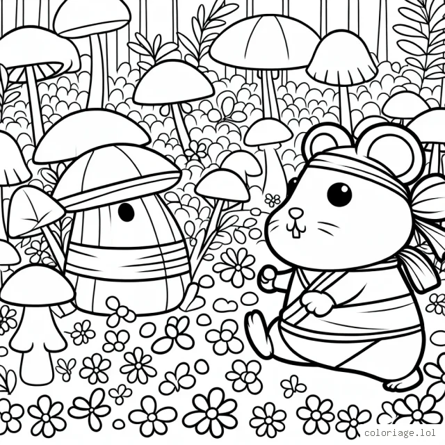 Dessine un hamster ninja à petits pas dans un jardin de champignons colorés