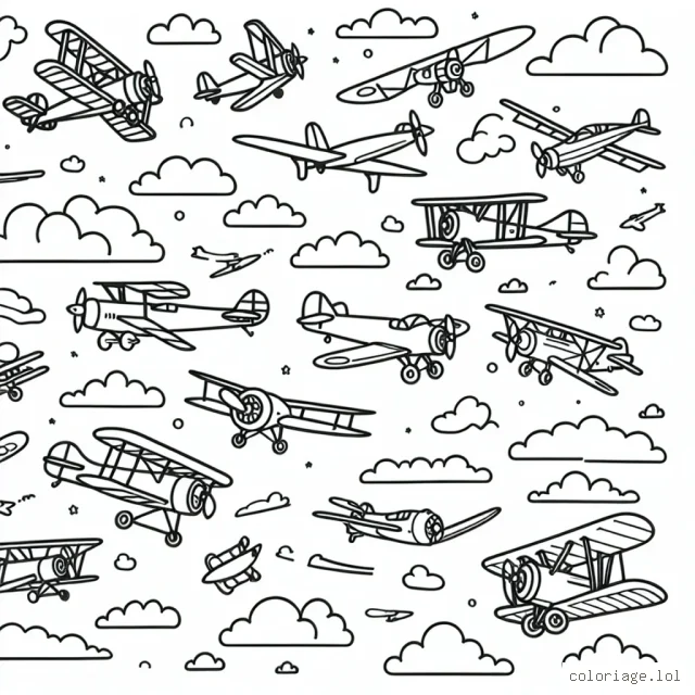 Un ciel plein d'avions en plein vol, avec différents types d'avions, du biplan à l'avion de chasse moderne. Chaque avion a des lignes épaisses et simples pour permettre aux enfants de colorier les détails facilement. Il y a aussi des nuages flottant dans le ciel pour offrir davantage d'options de coloration.
