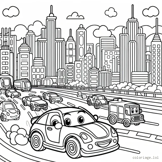 Dessine une course de voitures animées dans une ville animée