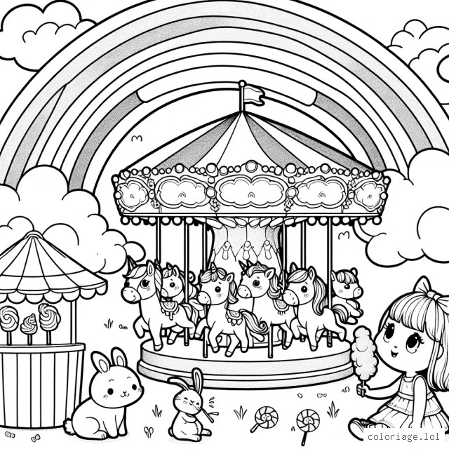 Un carrousel magique dans un parc d'attractions, rempli d'animaux plus mignons les uns que les autres. Un arc-en-ciel les survole, tandis qu'une petite fille nourrit un lapin près d'un stand de barbe à papa.