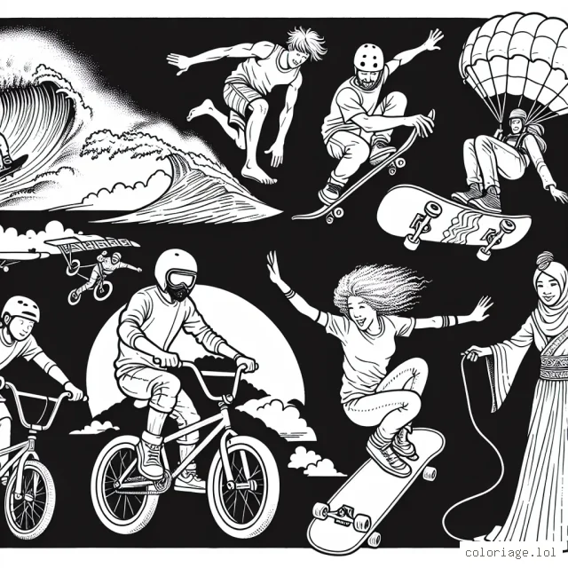 Imagine des personnes qui pratiquent différents sports extrêmes comme le skateboard, le BMX, le surf et le parachutisme. Dessine-les en action dans un environnement approprié !