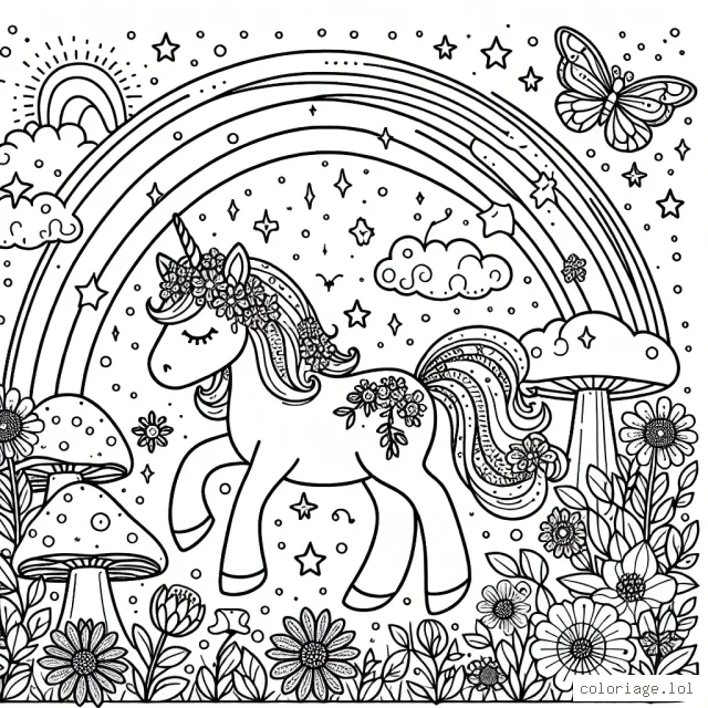 Imagine que tu te trouves dans un royaume de conte de fées, où vit une petite licorne magique. Tout autour d'elle se trouvent des fleurs éclatantes, des champignons enchantés et un arc-en-ciel étincelant. Donne vie à ce monde magique en le coloriant à ton goût !