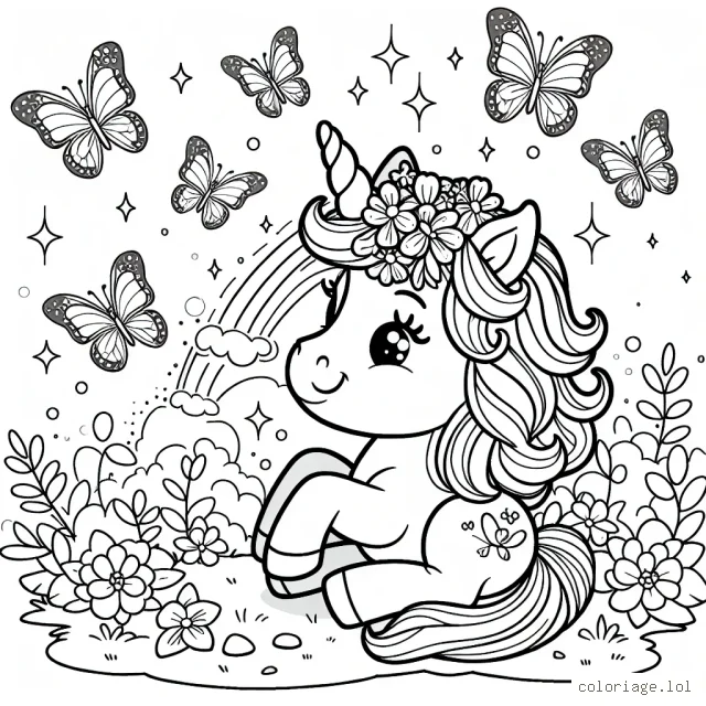 Une licorne joue avec des papillons dans un monde féerique