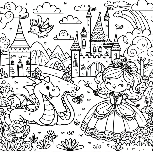 Un monde féerique de princesse avec un château, son dragon amical et un jardin fantastique!