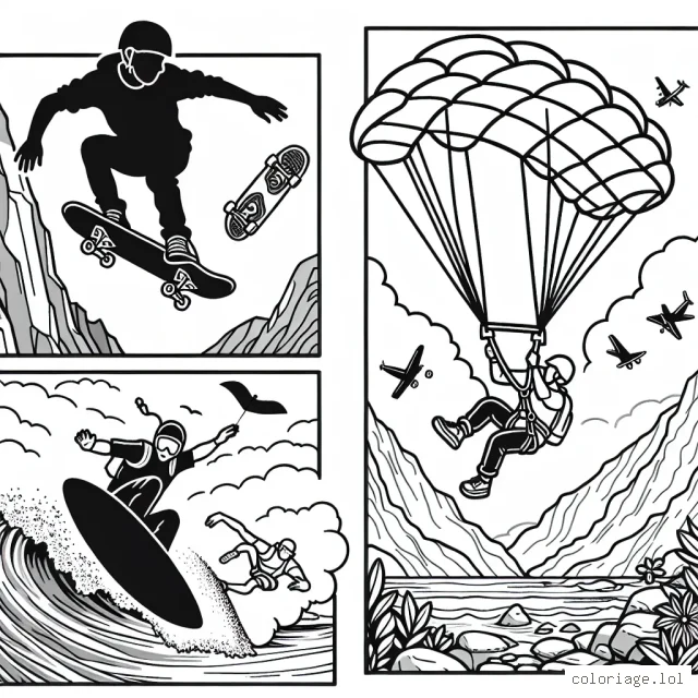 Une scène étonnante de sports extrêmes avec un skateur faisant un saut audacieux par-dessus une montagne, un parachutiste en train de plonger vers le sol, un surfeur qui danse avec les vagues et un alpiniste qui gravit une falaise escarpée