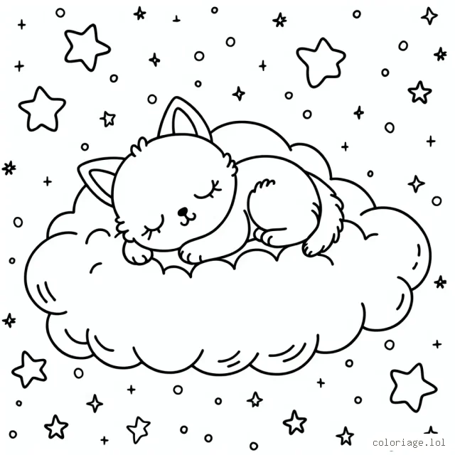 Imagine un adorable chaton endormi sur un nuage moelleux, avec des étoiles scintillantes tout autour.