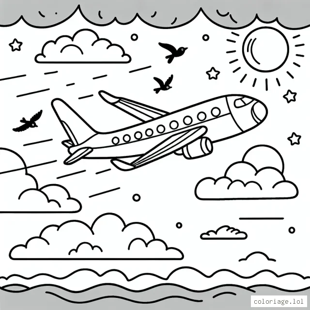 Imagine et colore un avion volant haut dans le ciel avec des nuages en arrière-plan. Le dessin comprend également des oiseaux volant à côté de l'avion et un magnifique coucher de soleil en arrière-plan. N'oublie pas de remplir de couleurs vives les motifs du fuselage de l'avion!