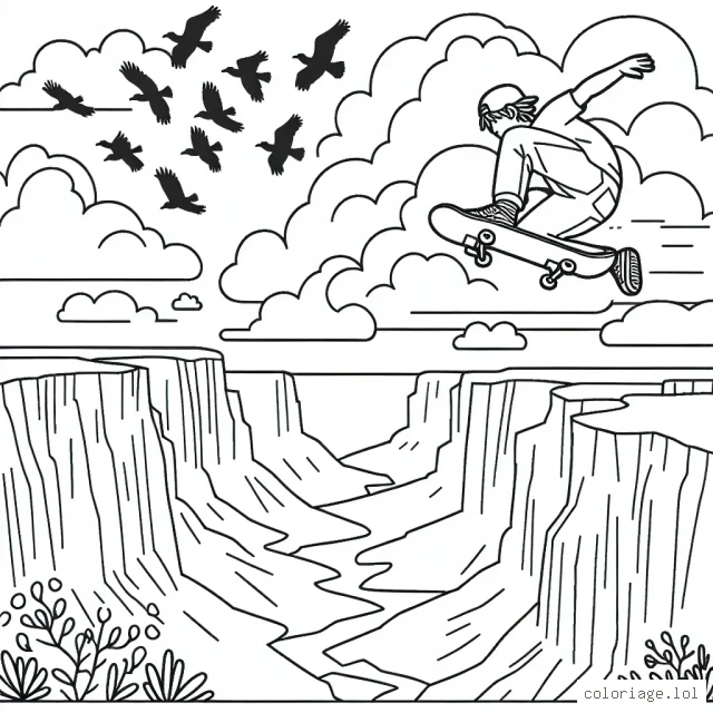 Dessine un skateur en plein saut au-dessus d'un grand canyon sous un ciel nuageux, avec des oiseaux migrateurs au loin.