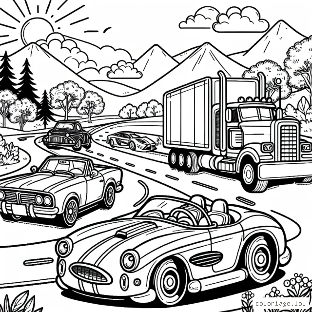 Un dessin de plusieurs voitures de différentes tailles et modèles sur une route ensoleillée, avec de beaux arbres et des montagnes à l'arrière-plan. Une voiture est une décapotable avec une famille, une autre est un gros camion, une autre est une voiture de sport très élégante et une autre est une voiture antique avec de gros phares. Sur la route, il y a aussi des panneaux de signalisation et des feux de circulation.