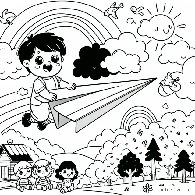 Un petit garçon est en train de voler dans le ciel avec son avion en papier géant. Autour de lui, il y a des nuages, des oiseaux et un arc-en-ciel. Sur le sol, vous pouvez voir sa maison, ses amis qui le regardent et la forêt qui entoure son village.