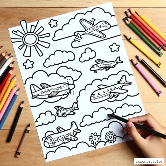 Sur votre feuille blanche, vous pouvez voir plusieurs types d'avions volant dans le ciel. Avec votre imagination et vos crayons colorés, donnez vie à cette belle scène !