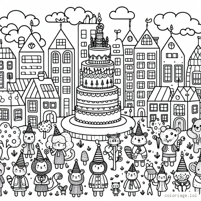 Une mini-ville animée avec des animaux vêtus comme des humains, des maisons-champignons et un arbre-gâteau de fête en plein centre