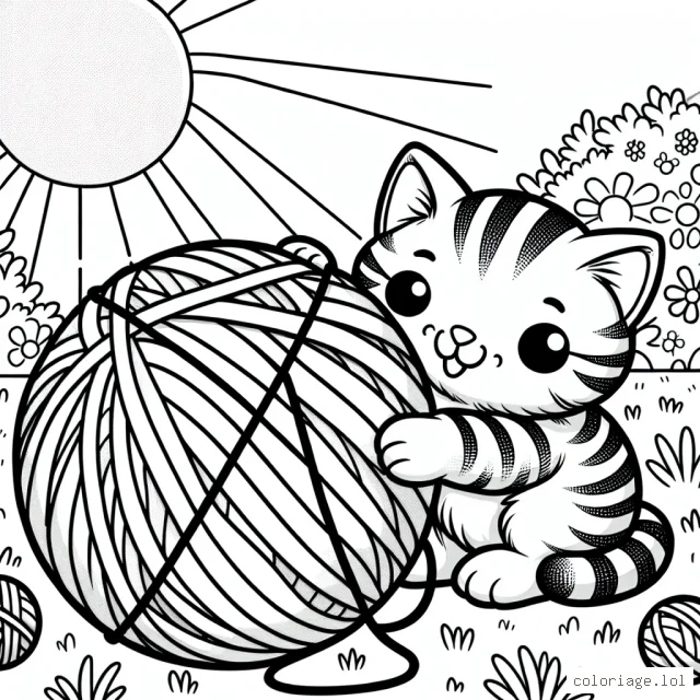 Un adorable petit chaton à rayures jouant avec une pelote de laine multicolore dans un jardin baigné de soleil.