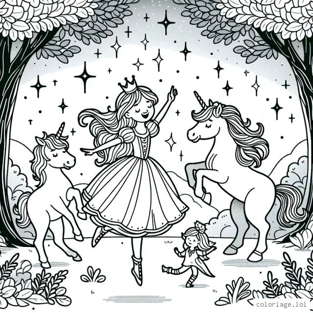Une jeune princesse danse avec ses amies les licornes dans une clairière enchantée.