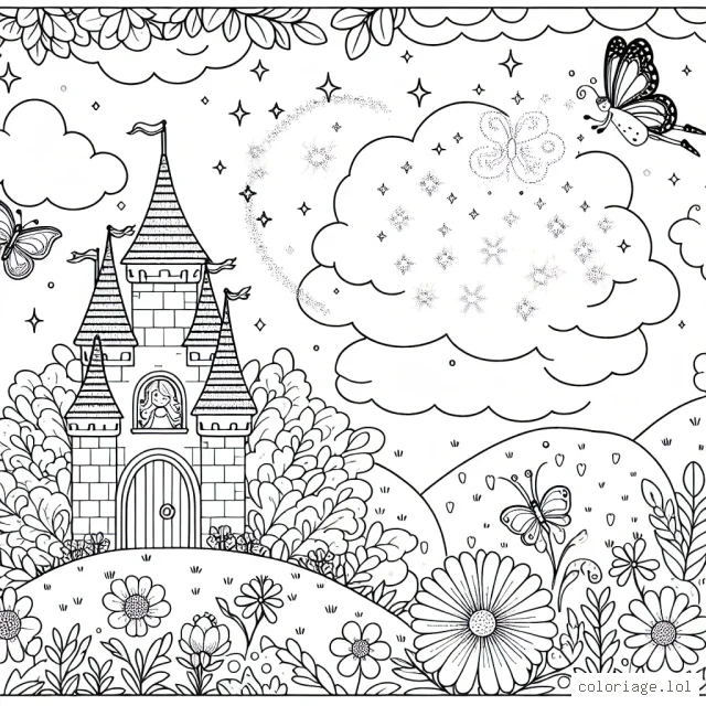 Un joli petit château enchanté niché au creux d’une montagne, entouré de papillons étincelants et de fleurs aux couleurs vives. Une petite fée vole au-dessus, répandant de la poussière magique. À l'intérieur du château, une princesse apparait à la fenêtre, regardant les nuages doux et moelleux dans le ciel