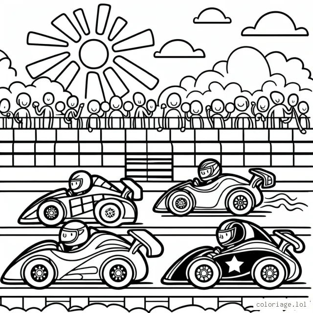 Dans ce dessin, vous allez colorier une course de voitures sur un circuit. Vous allez trouver quatre voitures de courses aux formes dynamiques et variées, avec des pilotes courageux derrière leur volant. Elles sont sur la ligne de départ, prêtes à démarrer leur course. Il y a également des spectateurs enthousiastes dans les gradins et un ciel bleu avec le soleil qui brille haut dans le ciel.