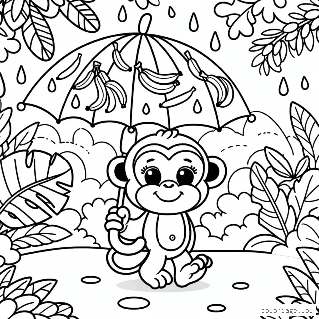 Visualise une scène ou un singe joyeux tient un parapluie décoré de bananes dans une jungle lumineuse et colorée.