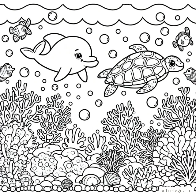 Partons à la découverte du monde magique sous-marin ! Dessine un merveilleux paysage aquatique rempli de coraux colorés, de poissons exotiques, d'une tortue joyeuse et d'un dauphin joueur. N'oublie pas d'ajouter quelques bulles amusantes flottant autour eux !