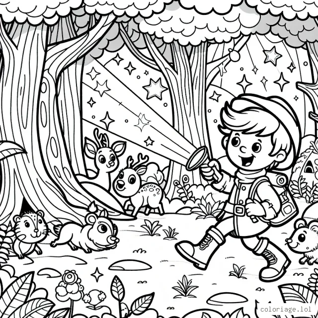Un explorateur joyeux à la découverte d'une mystérieuse forêt enchantée peuplée d'animaux magiques.