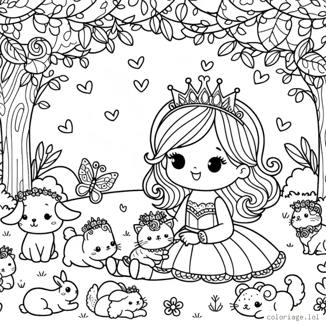 Une petite princesse jouant avec ses animaux de compagnie dans un jardin enchanteur