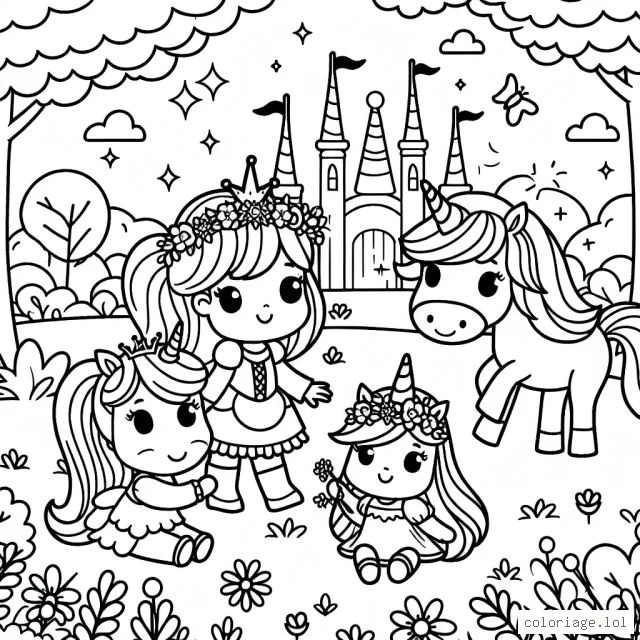 Une petite princesse joue avec ses amis les licornes dans un jardin enchanté.