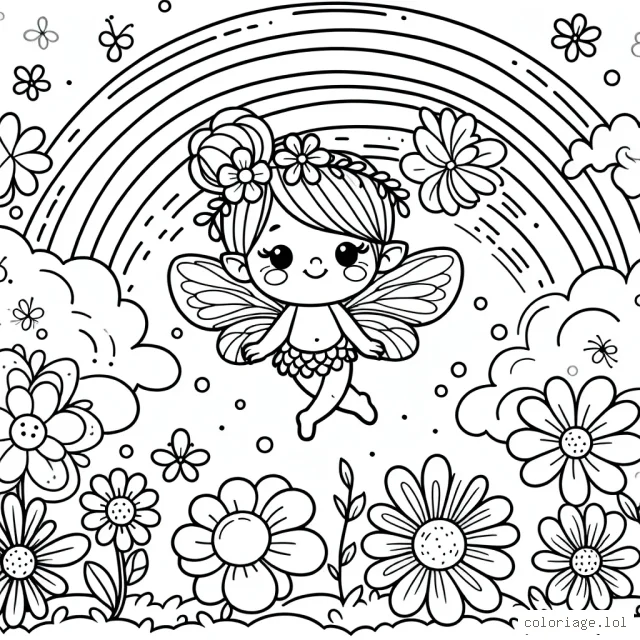 Dessine une petite fée adorable avec des ailes en pétales, qui vole dans un jardin rempli de fleurs brillantes et colorées sous un arc-en-ciel magnifique.