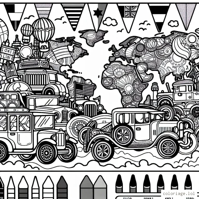 Une grande aventure de voitures au tour du monde. Des voitures dont les formes et les couleurs représentent différents pays. Votre tâche est de les colorier.