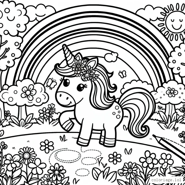 Un jardin fantastique avec des licornes et des arc-en-ciels