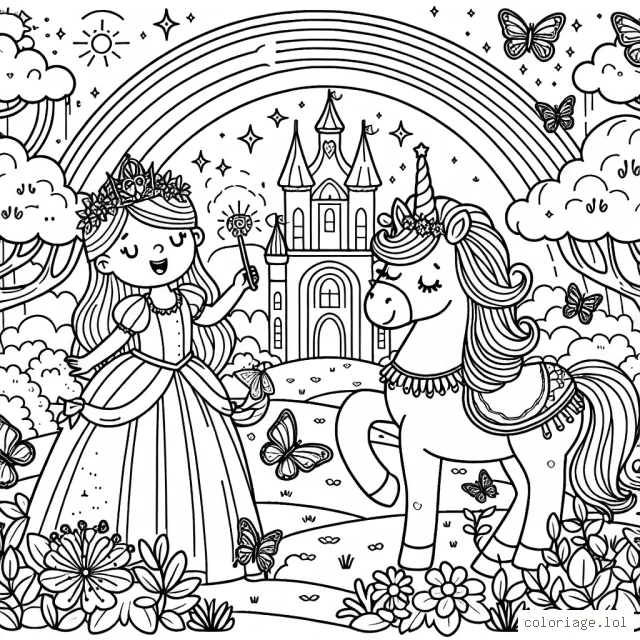 Un paysage de féerie enchanté avec une princesse, une licorne, des papillons et un arc-en-ciel