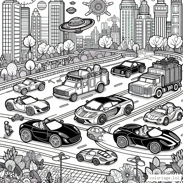 Un cortège de voitures classiques, sportives et futuristes se dirige dans une ville animée. Il y a différentes formes de voitures : des convertibles, des berlines, des voitures de sport, des camions et même des voitures volantes du futur. Chaque voiture a une silhouette unique et offre aux enfants beaucoup de détails à colorier. La ville autour est pleine de gratte-ciels, de boutiques, de trottoirs et de plantes, ajoutant un paysage de fond complexe. Au centre, une grande place avec un rond-point planté de fleurs, où toutes les voitures semblent converger.