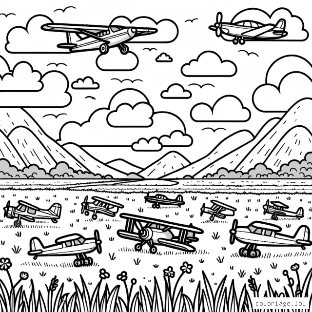 Un champ plein d'avions variés, avec un ciel nuageux et des montagnes en arrière-plan