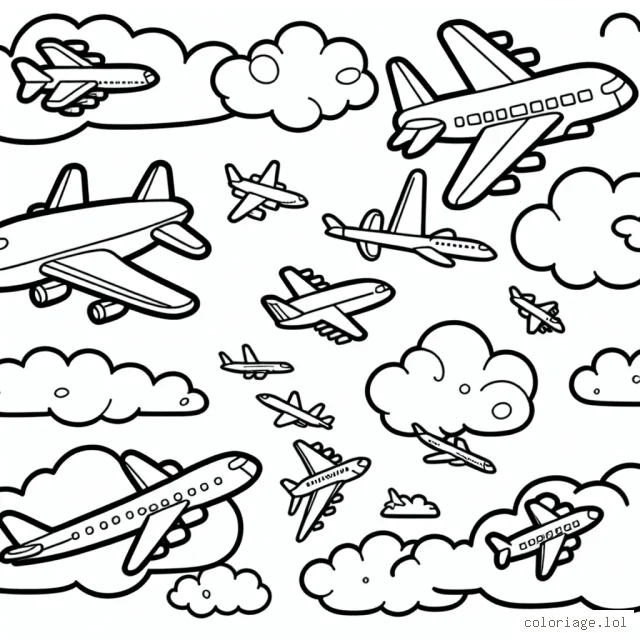 Un groupe d'avions volant dans le ciel parsemé de nuages