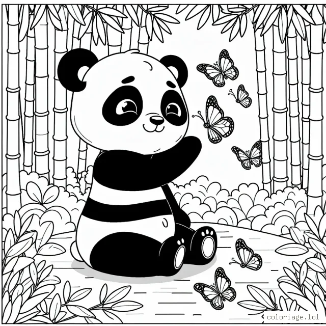Dessinez un adorable panda qui joue avec des papillons multicolores en plein milieu d'une belle forêt de bambou