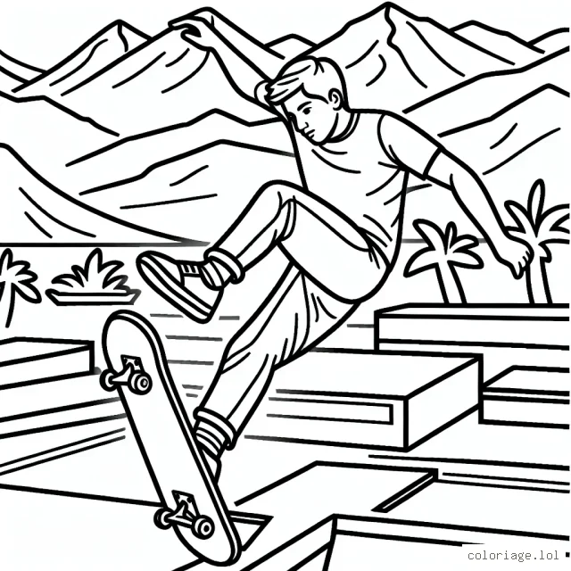 Dessine un athlète en pleine action de faire du skateboard dans un parc de skate, avec des montagnes en arrière-plan.