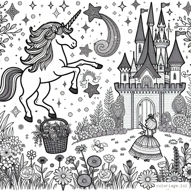 Une adorable licorne à crinière arc-en-ciel, gambade joyeusement dans un champ de fleurs multicolores. Elle fait des acrobaties magiques en produisant des étoiles pailletées qui illuminent le ciel. À côté du champ, il y a un château enchanté avec des tours scintillantes. Une petite princesse l'attend sur le pont-levis avec un panier plein de friandises pour la licorne.