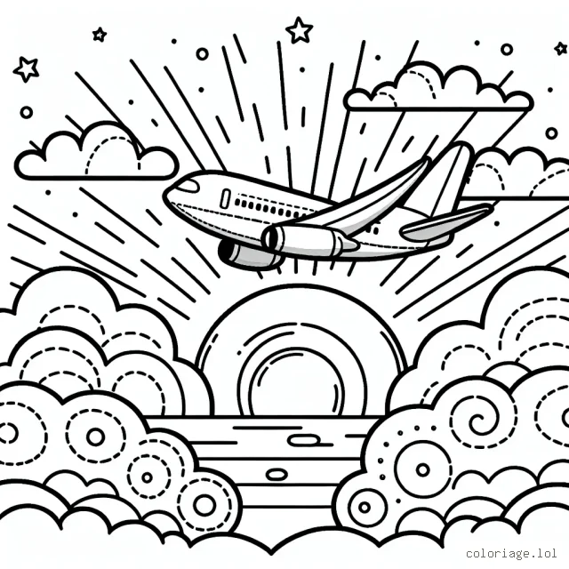 Un avion volant au-dessus des nuages avec le soleil couchant en arrière-plan,
