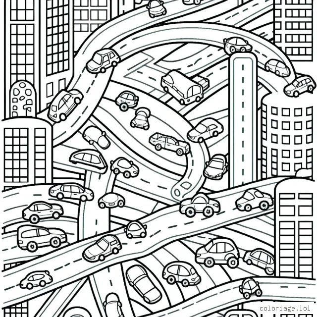 Une scène urbaine avec des voitures de différentes formes et tailles se déplaçant dans diverses directions