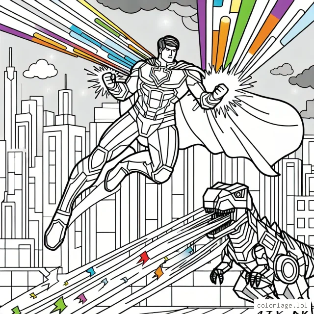 Dessine un superhéros en lançant des lasers multicolores montant à bord d'un dinosaure robotique dans une ville futuriste.