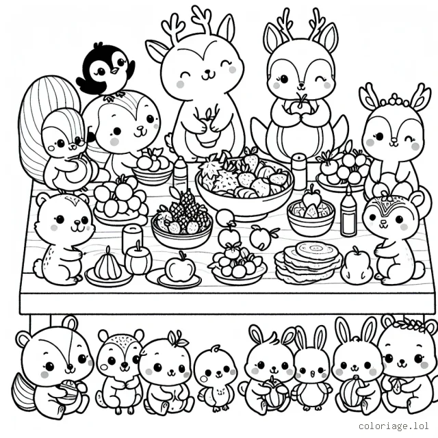 Un groupe d'animaux de la forêt organisent un grand banquet. Dessine-les tous, prêts à savourer leur festin !