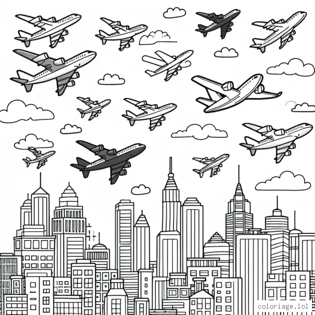 Un groupe d'avions survolant une ville animée