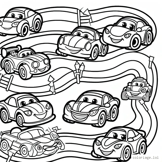 Dessinez une course de voitures animées avec des expressions faciales sur une piste colorée en zigzag