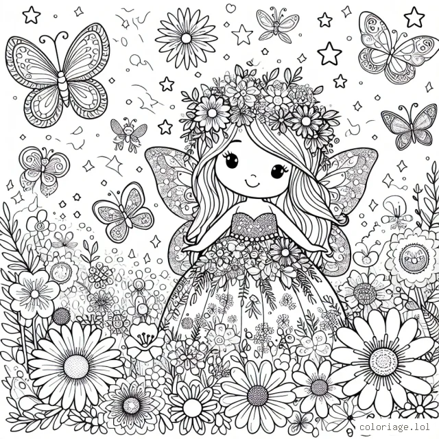 Un charmant royaume des fées dans un jardin enchanté, rempli de fleurs colorées, de papillons scintillants et de petites fées espiègles volant partout. Parmi eux, la princesse des fées, avec sa belle robe fleurie, ses ailes chatoyantes et sa couronne d'étoiles.