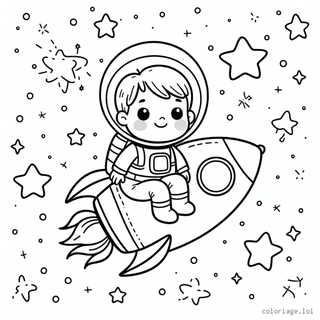 Un petit garçon astronaute vole dans une fusée colorée parmi les étoiles scintillantes